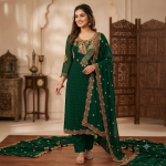 Budget Friendly Georgette Embroidery & Sequins Work Semi-Stitched Four Piece - Deep Green EHAB MART