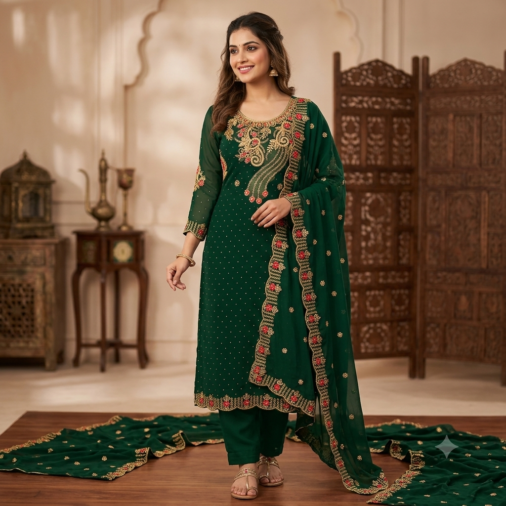 Budget Friendly Georgette Embroidery & Sequins Work Semi-Stitched Four Piece - Deep Green EHAB MART